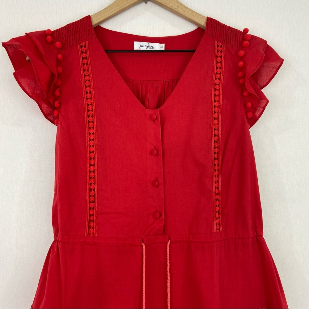 Boutique Large Red Tiered Pom Pom Ruffle Midi Dress - Picture 5 of 12